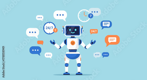 Helpful Robot Character Representing AI Technology, Customer Service, and Communication with Chat Bubbles