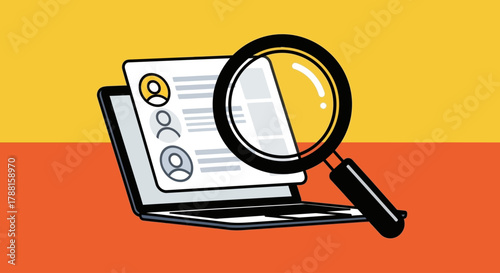 Online Resume Search and Hiring Process Illustration with Laptop and Magnifying Glass