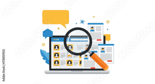 Online recruitment and candidate search with a magnifying glass over a laptop screen displaying profiles, representing job search and human resources