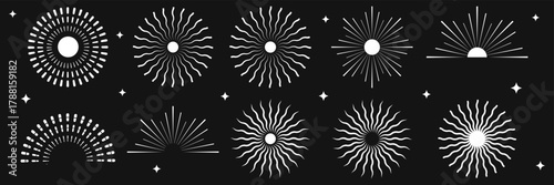 Collection of boho sun and celestial line art set. Mystical sunrise, sunset, and cosmic symbols for spiritual design. Sun rise set, sunset vector icons, sunburst rays collection Sun boho logo