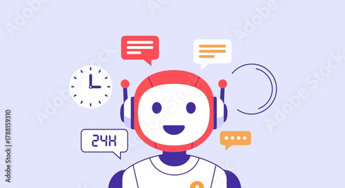 Friendly robot providing 24/7 customer support with chat bubbles and clock icon, symbolizing instant assistance and communication