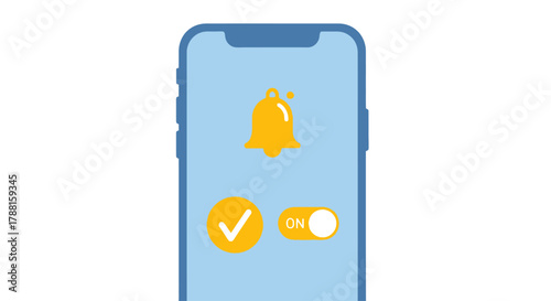 Smartphone screen displays a notification bell icon, a checkmark, and a toggle switch indicating 'On' status, representing alert and confirmation settings on a mobile device