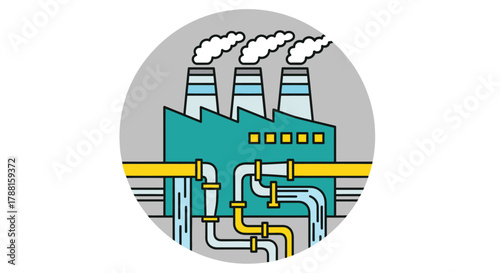 Industrial factory building with smokestacks emitting steam, symbolizing manufacturing and production processes, pipes and machinery