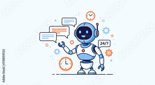 Chatbot Illustration with Speech Bubbles and Clocks Representing 24/7 Customer Service