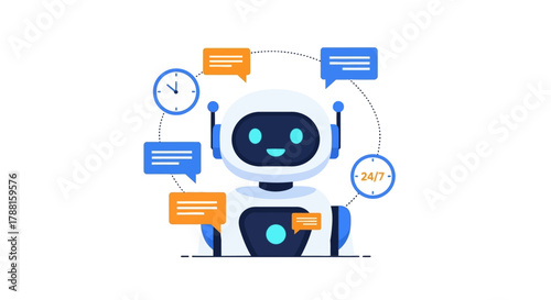 AI chatbot with speech bubbles and clock icons symbolizing automated customer service and round-the-clock assistance