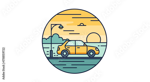 Yellow car driving on a coastal road during sunset, illustration depicting a scenic journey