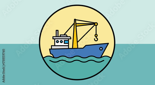 Modern Cargo Ship Icon with Crane in Ocean Waters - Nautical Transportation and Logistics Concept