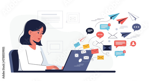 Young woman working on a laptop sending and receiving emails and messages in a digital communication concept illustration