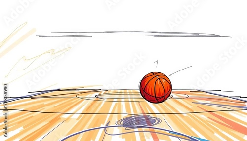 Dynamic basketball sketch showing dribble, movement, and court lines,  action,  drawing
