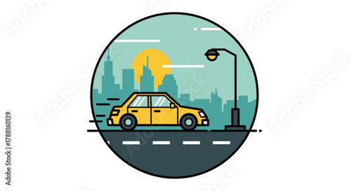 A vibrant yellow car driving on a city street at sunset, illuminated by a street lamp, with a skyline in the background