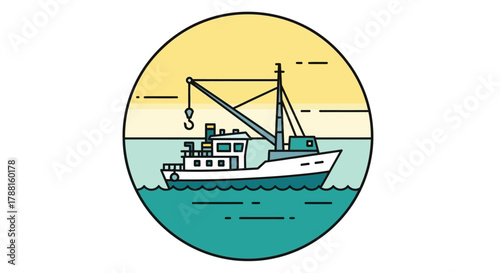 Fishing boat illustration icon representing maritime activity and seafood industry