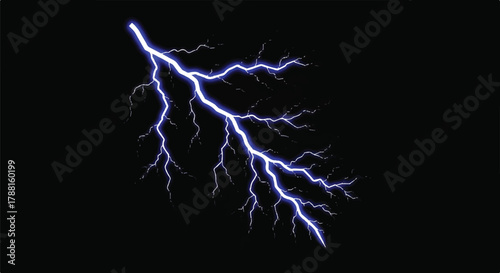 Powerful electric thunder strike lightning bolt graphically branching across the frame in a vibrant 2D flat vector illustration set against a deep black void.