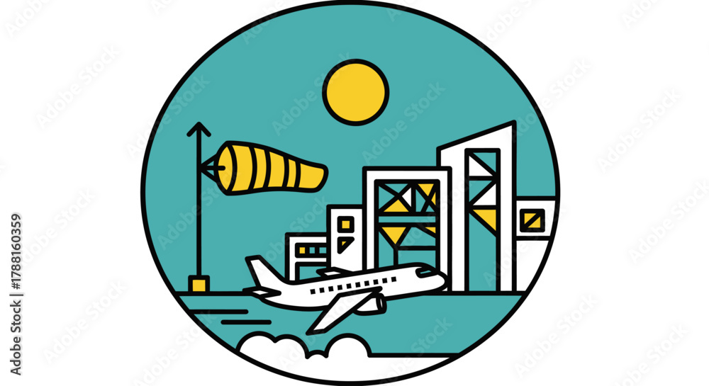 Naklejka premium Modern Airport Scene with Airplane and Buildings Under a Sunny Sky