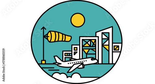 Modern Airport Scene with Airplane and Buildings Under a Sunny Sky