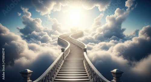Ascending Staircase to Heavenly Light Through Billowing Clouds