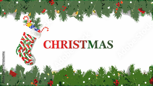 Festive Christmas stocking and evergreen boughs create holiday cheer with holiday lettering design
