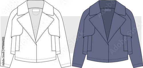 Women's double breasted stylish  jacket, coat fashion technical drawing, illustration. Streetwear jacket fashion vector. CAD, Mockup set.