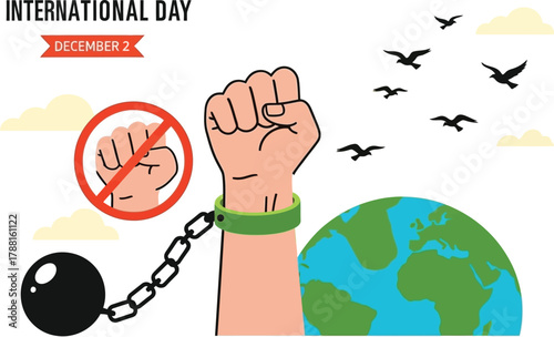 Inspiring International Day for the Abolition of Slavery illustration with freedom fist, globe, birds, and earth connection for social media