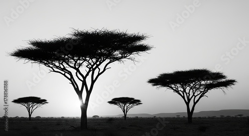 African savanna acacia trees at sunset silhouette landscape