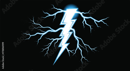 Striking powerful lightning bolt energy flash vector illustration isolated against a dramatic deep black background, conveying immense electrical charge, raw power, and high voltage energy discharge.