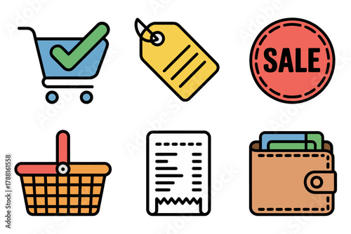 Simple flat vector icon set for retail sale and consumption, featuring shopping cart, price tag, discount badge, consumer basket, bill, and personal wallet.