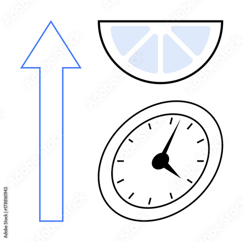 Arrow symbolizing growth, lemon slice for freshness, and clock for time. Ideal for progress, time management, ambition, productivity, renewal vitality opportunities. Simple flat metaphor