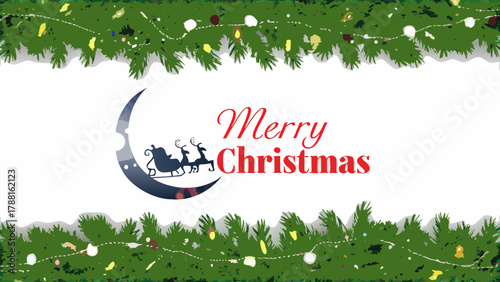 Festive Merry Christmas banner, pine garland, Santa silhouette on moon, holiday celebration cheer