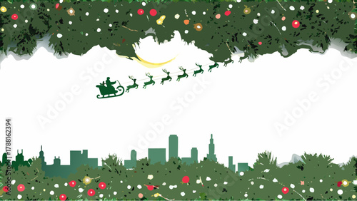 Magical Santa sleigh flies over cityscape with festive Christmas tree garland and twinkling lights