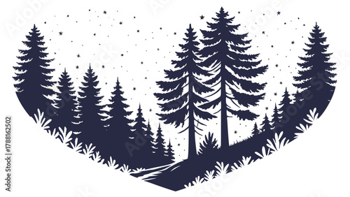 Enchanting pine forest silhouette under a starry sky, evoking serene nature and peaceful escape