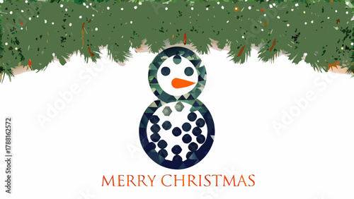 Charming geometric snowman with festive pine branches and 'Merry Christmas' text evokes holiday cheer