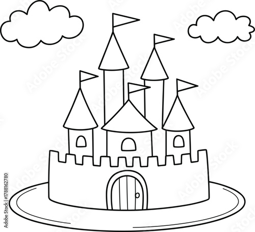 Black and White Outline of a Fairytale Castle with Flags and Clouds fantasy building