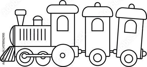 Black and White Outline of a Toy Train with Three Cars engine carriage