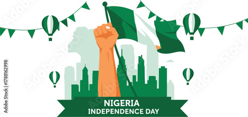 Celebrating Nigeria's Independence Day with a vibrant city skyline and celebratory balloons, perfect for patriotic events and national pride promotions