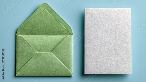 Open green envelope with blank white folded card on blue background