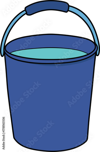 Blue cartoon bucket filled with light blue water and handle on white background pail liquid