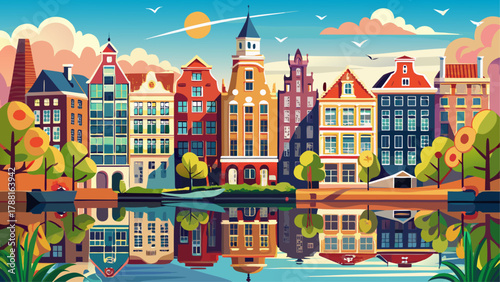 Very beautiful view of Amsterdam, Netherlands, featuring the iconic “dancing houses” along the Amstel River, reflected in calm water, with a bright spring landscape and a realistic charming European a