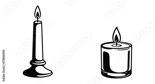 A simple black and white illustration of two burning candles
