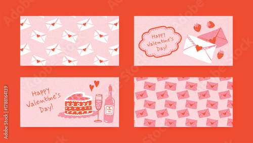 Set of Valentines Day cards with pink letters, cake, wine and strawberries. Cute doodle vector composition with romantic love messages for greeting, banner or poster. 182 characters