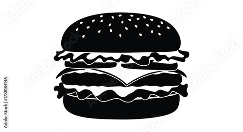 A simple black and white illustration of a classic cheeseburger with layers
