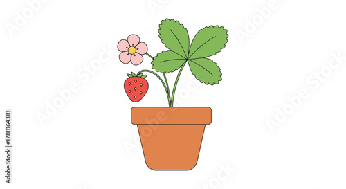 Tableau sur toile A charming illustration of a strawberry plant blossoming in a terra cotta pot