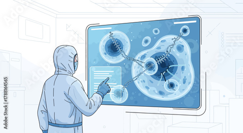 Researcher in protective suit analyzing cells on a digital screen interface inside laboratory