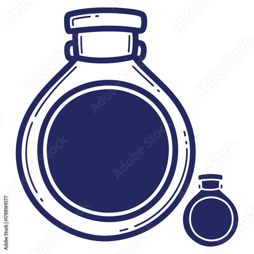 Isolated vector illustration of two round potion bottles different sizes filled with liquid and a cork cap design for games and science