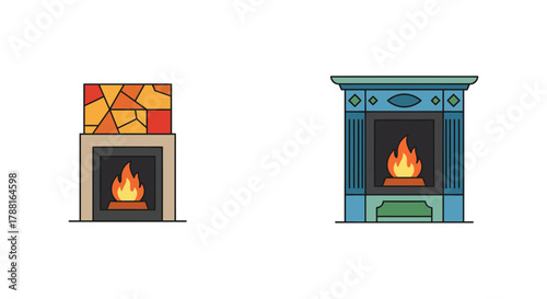 Two decorative fireplaces with burning flames illustrated in a flat colorful style