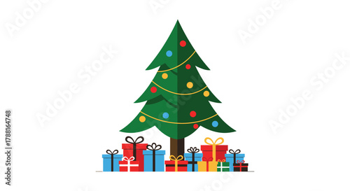 A festive christmas tree decorated with colorful lights and surrounded by gifts