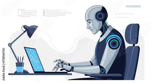 Robot using laptop for data analysis and machine learning in modern office setting