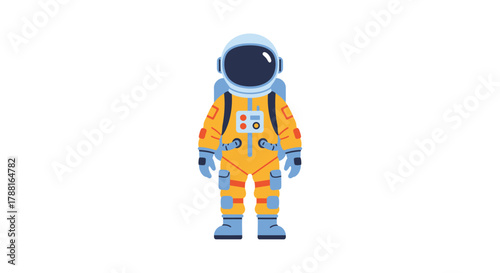 A brightly colored cartoon astronaut illustration facing directly towards the viewer