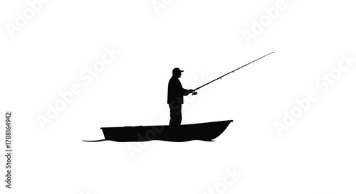 Silhouette of a lone fisherman in a small boat casting a line
