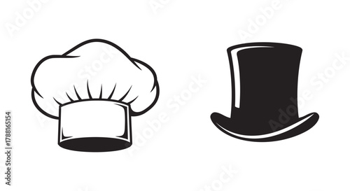 A black and white illustration featuring a chef s hat and a top hat