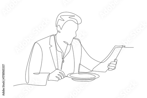Business man having lunch while reading newspaper. Business lunch concept one-line drawing