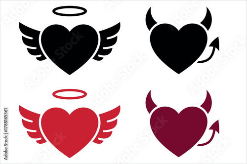 Angels and Devils Hearts Showcasing Good Versus Evil in a Playful Valentine's Day Design, Perfect for Illustrating Love's Complexities and Duality.